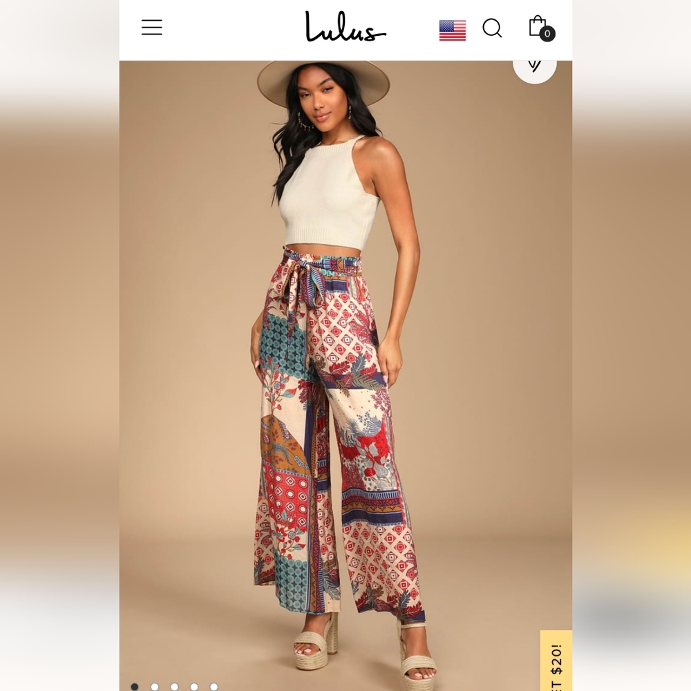 Lulu's World Wanderer Wide Leg Paperbag Pant High Waist Cream Multi Prin…